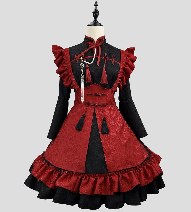 メイド服 Lolita 大人用コスチューム メイドコスプレ ロリータワンピース 可愛い 配色 中国風 長袖 フリル フリンジ メイドcosplay ハロウィン衣装 ワンピース+エプロン+髪飾り ウェイ
