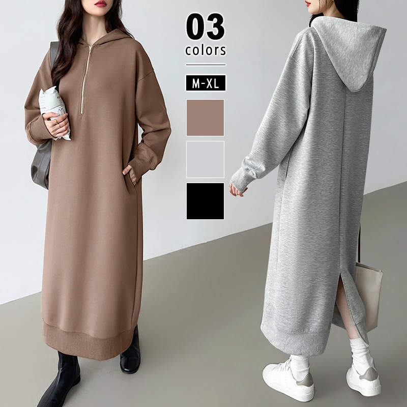 ワンピース パーカーワンピース ハーフジップ ロングワンピース 長袖 レディース スリットワンピース パーカー ロング カジュアル 大きいサイズ ポケット付き スウェット ゆったり スリ
