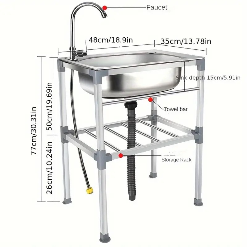 1個 コンテンポラリー freestanding ステンレス製シングルボウルキッチンシンク - ポリッシュ仕上げセンターセット排水口電気不要 - 洗濯庭ガレージに- 水栓付き