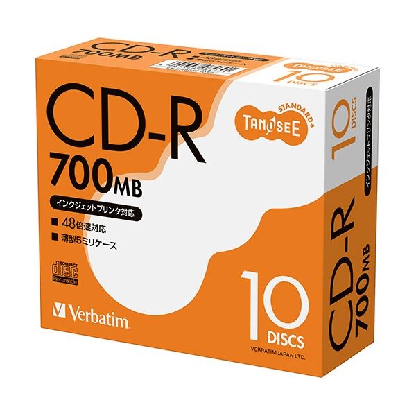 (まとめ) TANOSEE バーベイタム データ用CD-R 700MB 48倍速 ホワイトプリンタブル 5mmスリムケース SR80FP10T2 1パック(10枚) (×5セット) 4,750円