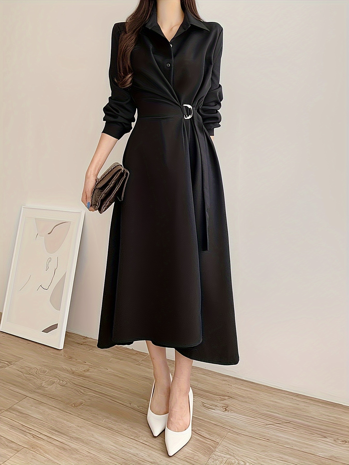 エレガントなブラックミディドレス体型カバーボタンアップデザインオールシーズン
