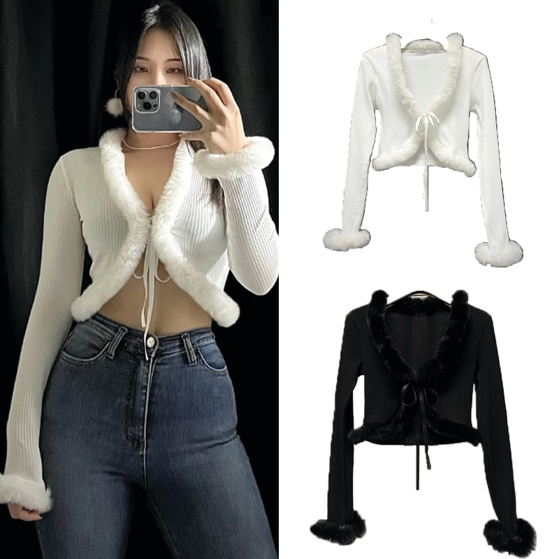 951[韓国ファッションスタイル] [2カラー] レトロ感性あふれるミンクファートリミングボレロクロップトップカーディガン