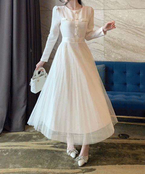 ツイードプリーツロングドレス