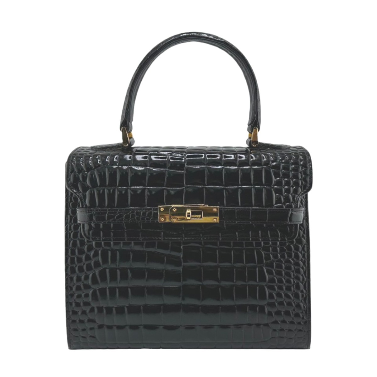 クロコダイル 金金具 ハンドバッグ ブラック