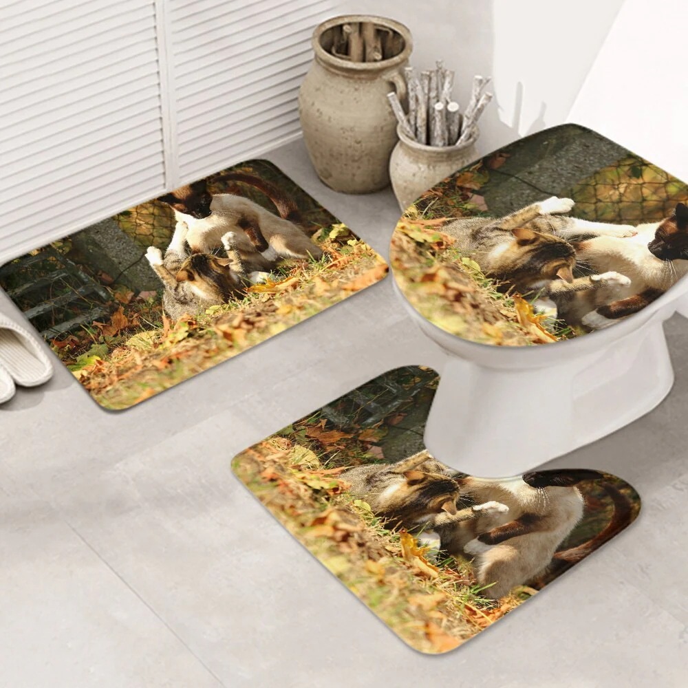 3ピースバスラグセット cat-play-figt-kitten-mieze お手入れが簡単 ノンスリップ 耐久性