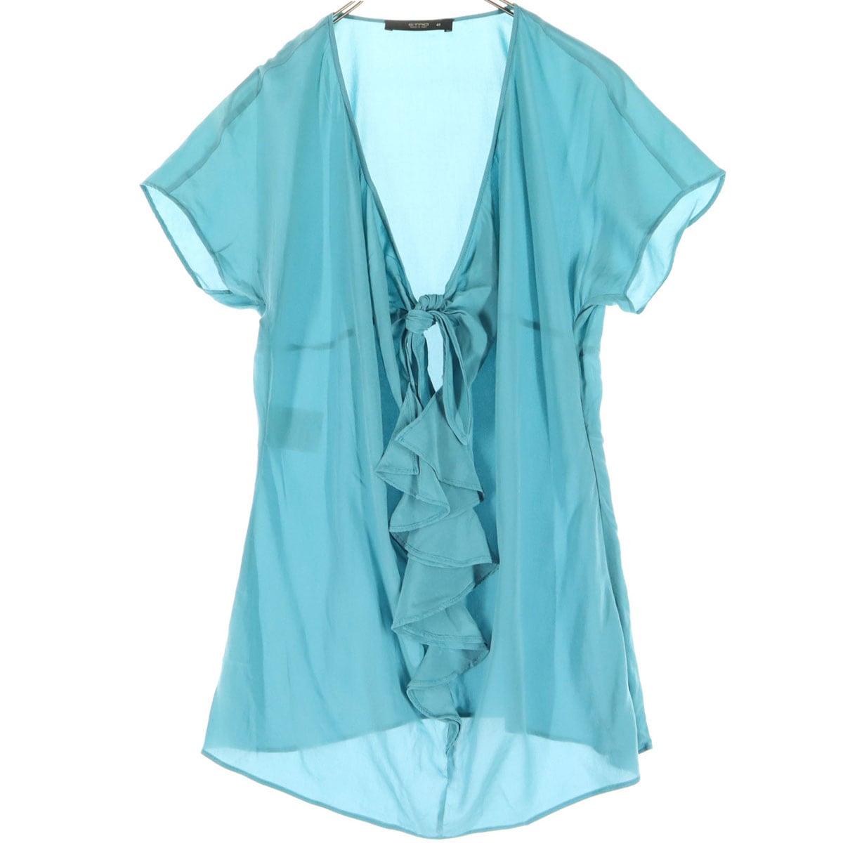 美品 イタリア製 フレンチスリーブ フリル ブラウス 40 ブルー レディース 古着