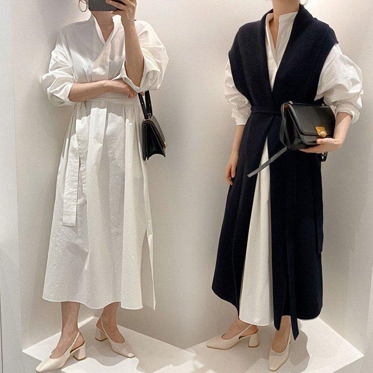 セットアップ 二点セット ワンピース レディース 40代 秋冬 長袖 シャツワンピース 黒ロング丈ニットベスト オシャレワンピース 着痩せ 上品 通勤 カジュアル