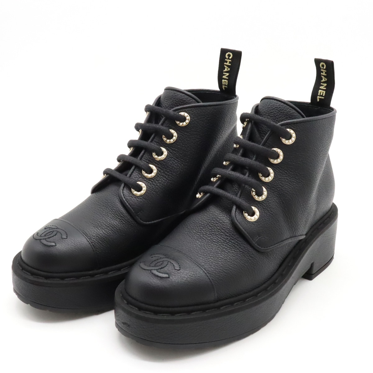 ショートブーツ レースアップ 編み上げ ココマーク レザー パール ブラック 黒 #36.5 日本サイズ約23.5cm G3641