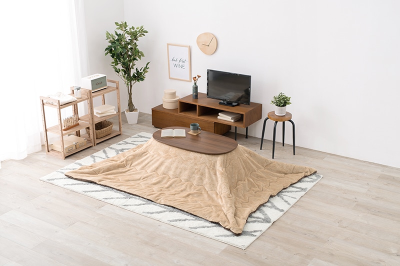 こたつセット こたつ うす掛布団 2点セット ブラウン/ベージュ 90x50cm 木目調 楕円 省スペース 折りたたみテーブル リビングテーブル オールシーズン コタツ