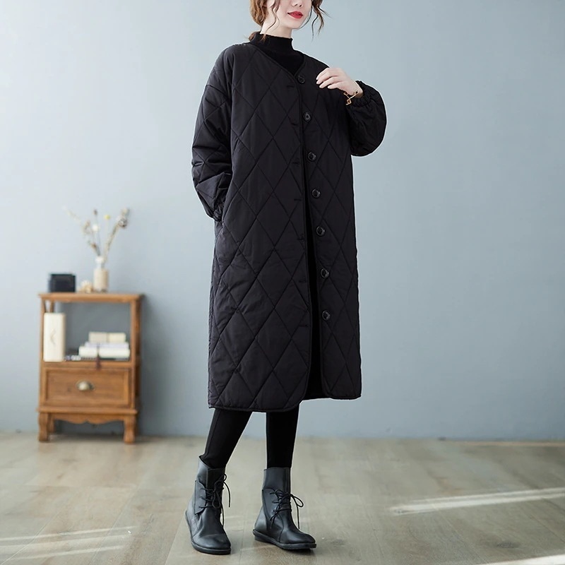 キルティングコート　ロングノーカラーコートロングダウンコート中綿コートレディースダウン風コートアウター防寒シンプル無地中綿羽