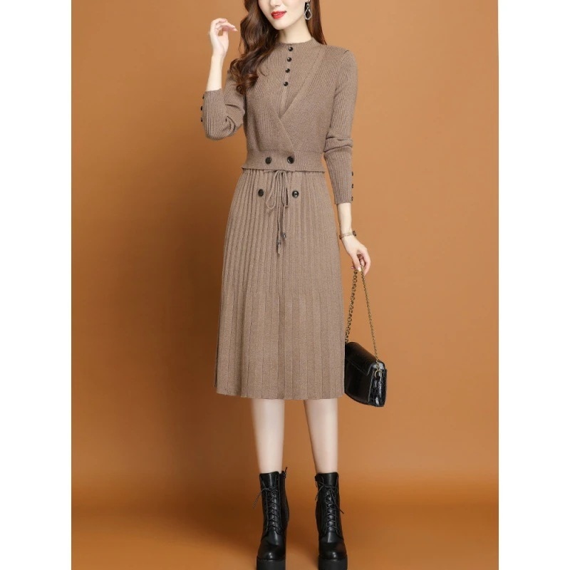 ニットワンピース40オシャレニットワンピースロング秋冬ニットワンピース無地リボンスカートニットインナーセーターゆったり韓国風大人3050