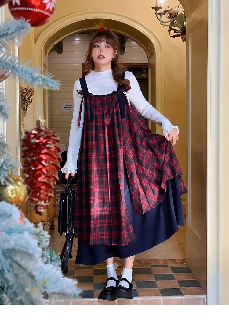 赤 青 チェック柄 サスペンダー ドレス 大きいサイズ レトロ アート センス 個性的 ワンピース ロング ロング丈 袖なし ノースリーブ 襟なし 大人可愛い カジュアル 大人 上品 おしゃれ お洒落