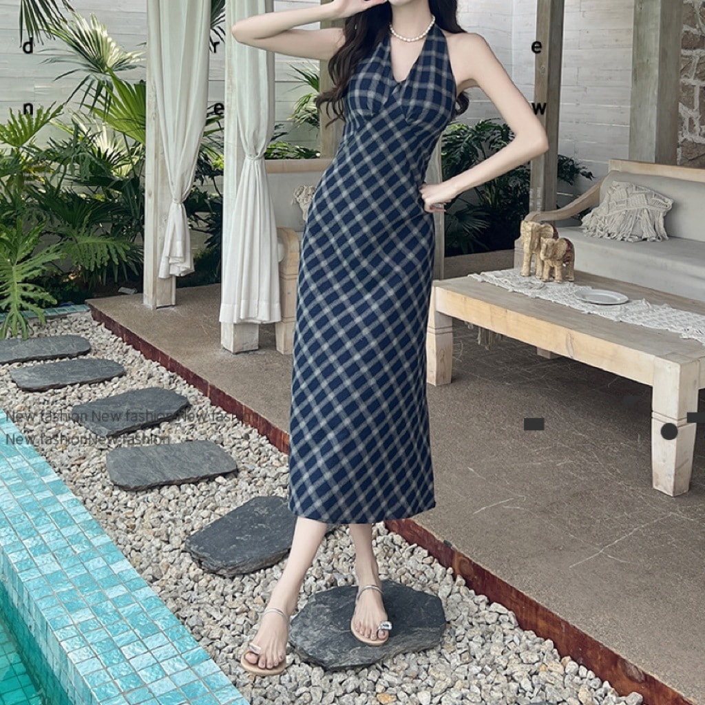 レディース ワンピース ミディアム 袖なし ノースリーブ ホルターネック タイト スリム 細身 異国風 コンサバ かわいい 大人可愛い きれいめ 上品 おしゃれ アジアン エスニック こなれ感 個性的