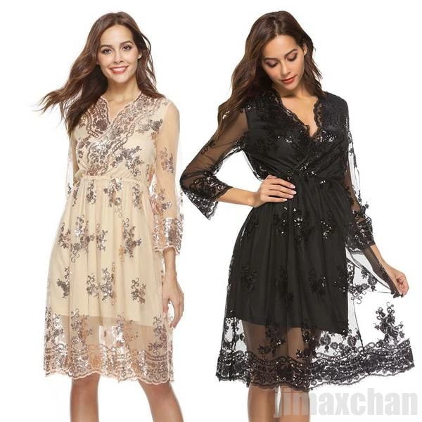 レースワンピース Vネック キラキラ セクシー 結婚式 お呼ばれ 二次会 卒業式 ドレス 膝丈 フォーマル 同窓会 着痩せ 30代 40代 ブラック シャンペン