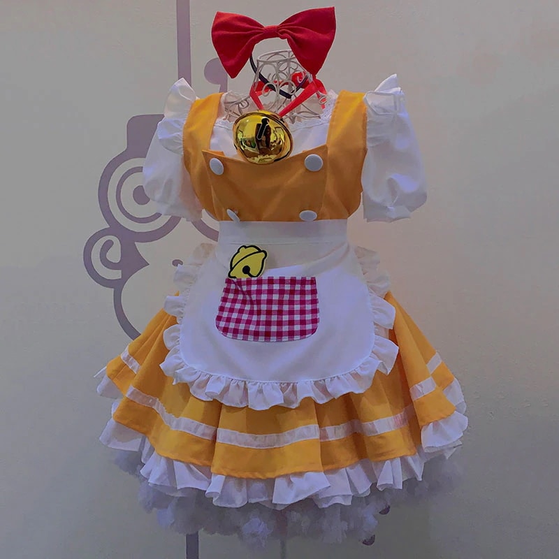 黄色メイド服+赤色蝶結び髪飾り 大きな鈴付 可愛い柄 ポケット付けのショートエプロン