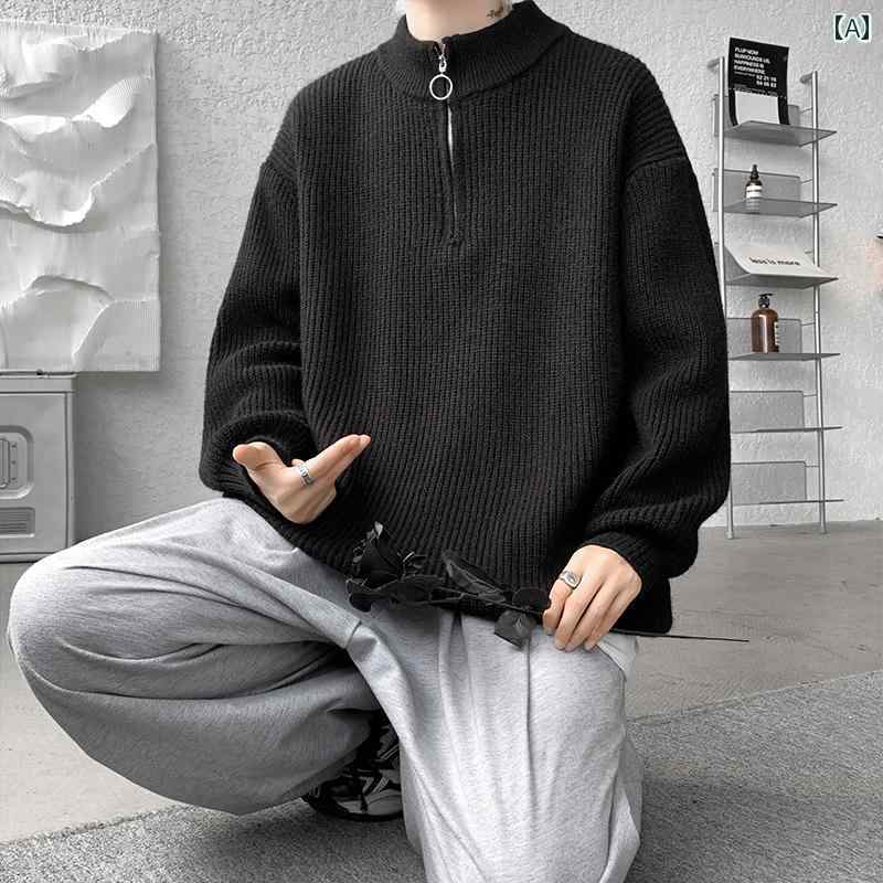 セーター メンズ ニット トップス 秋冬 ハーフジップ タートルネック 大きめサイズ ブラック ホワイト カーキ 韓国