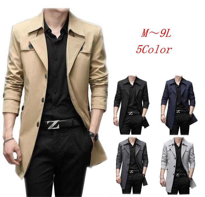 メンズトレンチコート 春秋フォーマルコート ビジネス 紳士服 ミドル丈アウター スプリングジャケット 定番通勤テーラードジャケット ミリタリージャケット M9XL 大きいサイズあり 5色