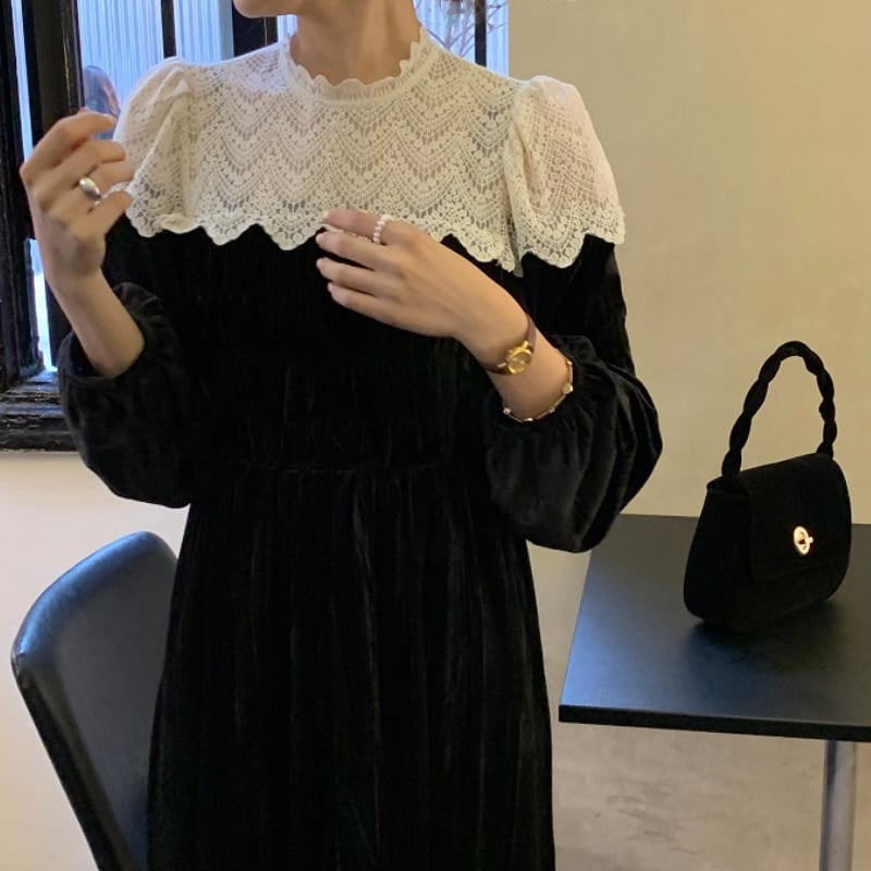ワンピース ロング丈 長袖 ラウンドネック 大人可愛い 上品 お洒落 S M L 84 5,830円