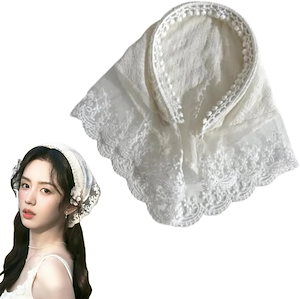 カチューシャ式 ヘアバンダナ バブーシュカ レディース 髪飾り 髪アクセサリー 三角巾 ヘアバンド レース生地(ホワイト Free)