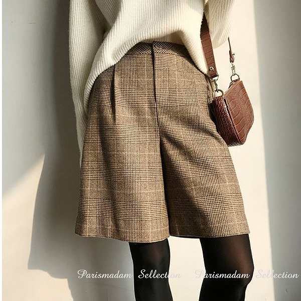 質感改良！大人ハーフパンツ　キュロットパンツ　グレンチェック　ベージュ　ウール含　ひざ上丈お出かけ通勤通学20代30代40代50代60代
