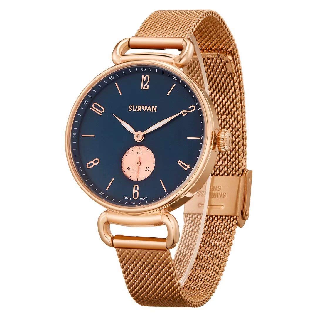 レディースクオーツ腕時計 スイス製クオーツ サファイア強化防風ガラス ステンレス鋼ベルト 50M防水 シンプルなビジネスデザイン SVA0008 (ブルー+ゴールト)