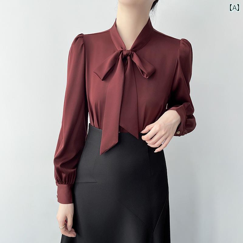 レディース シャツ リボンブラウス 長袖 春秋 ワインレッド オフホワイト ライトグレー リボンタイ 蝶結び 両サイドウエストギャザー スリムシェイプ おしゃれボタン パフスリーブ エレガント シック