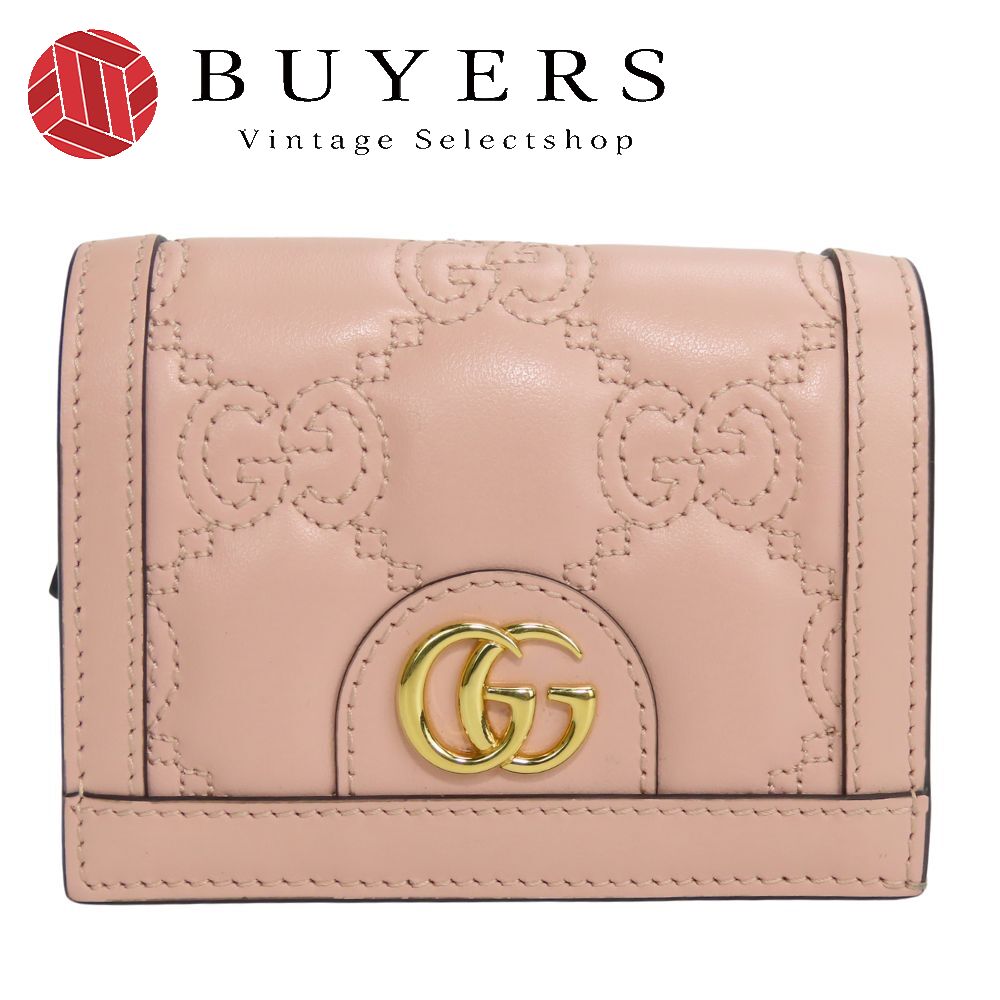 中古 極美品 二つ折り財布 723786 GGマトラッセ レザー ピンク ゴールド金具 小物 コンパクトウォレット レディース 女性