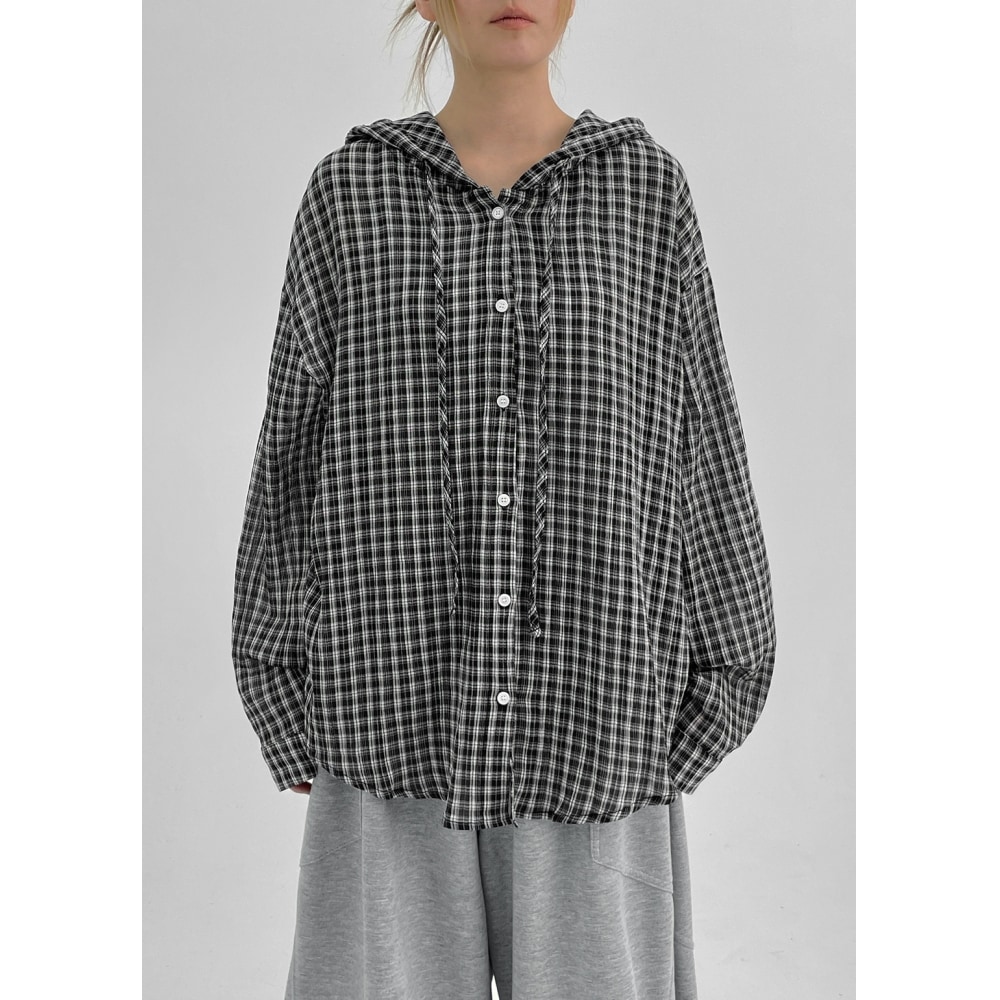 ブラックアップ [MADE] チェック サマー ルーズフィット フーディーシャツ 6,586円