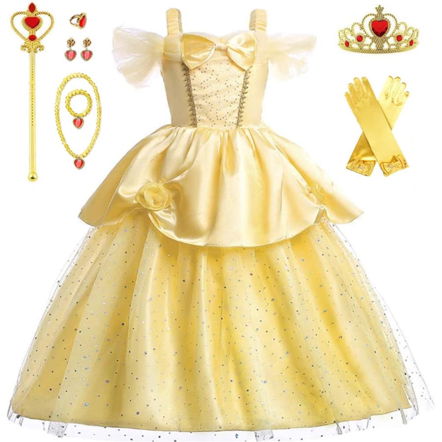 【期間特恵】 新作先行発売ベル ドレス 子供 コスプレ 衣装 美女と野獣 豪華８点 セット ドレス 手袋 ティアラ ステッキ ネックレス イヤリング など 100 110 120 130 140【短納