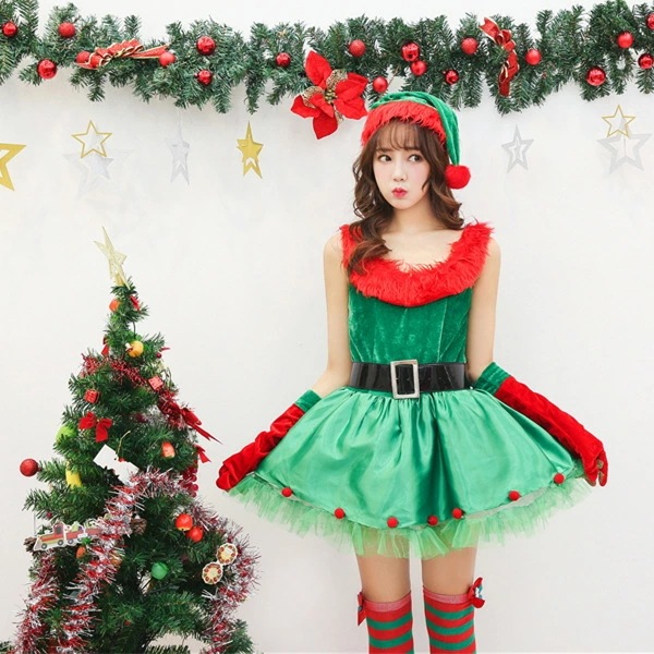 クリスマス衣装 サンタコス サンタクロース コスチューム コスプレ パーティー 大人 レディース 仮装 可愛い サンタガール ワンピース 帽子 グローブ グリーン クリスマス衣装 サンタ衣装 撮影 イ