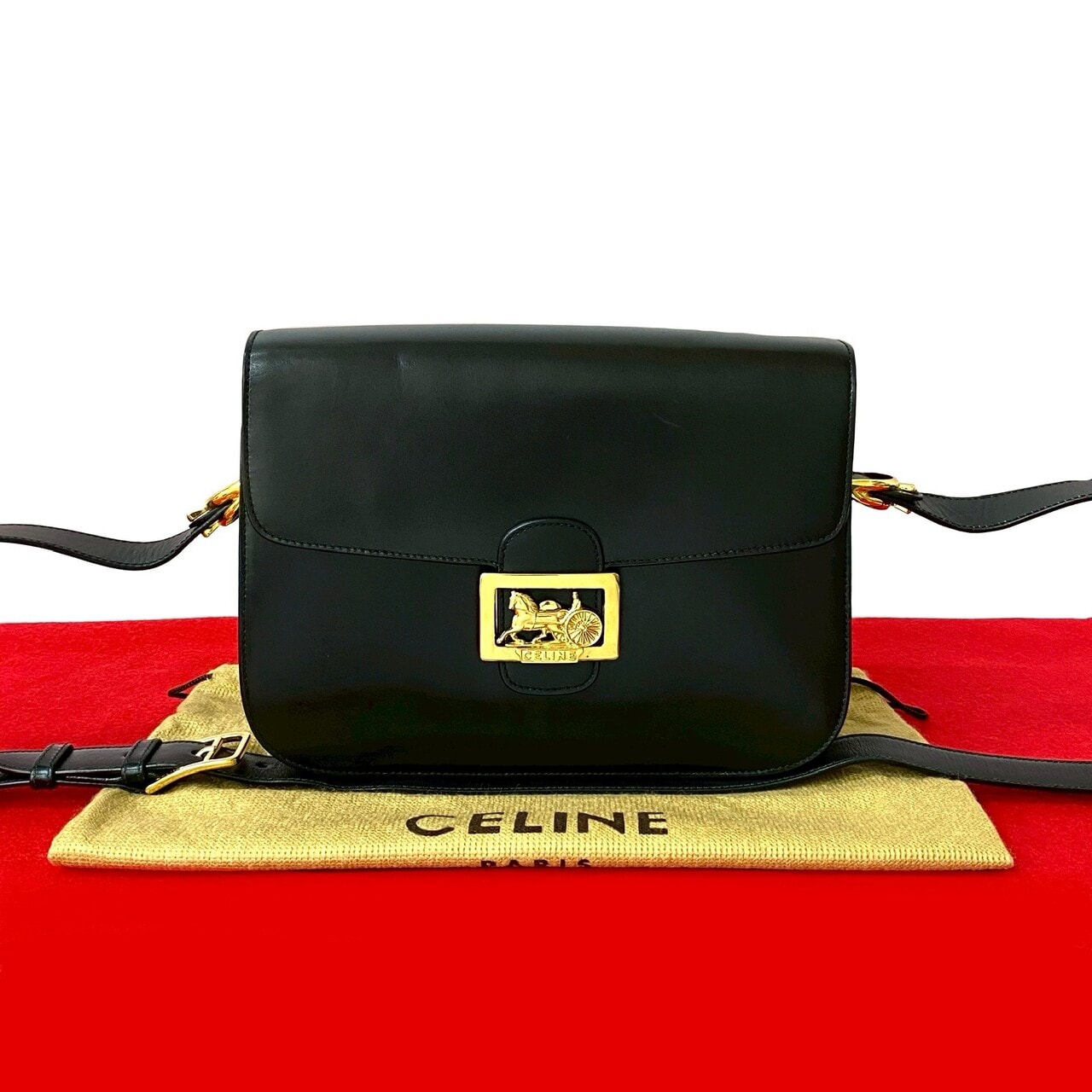 ヴィンテージ 馬車金具ショルダーバッグ レザー ブラック 481-3