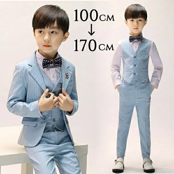 キッズスーツ キッズ 子供スーツ ボーイ 男の子 水色 ストライプ おしゃれ 長袖 6点セット ジャケット ベスト フォーマル 蝶ネクタイ シャツ付き キッズフォーマル ピアノ 発表会 結婚式 衣装