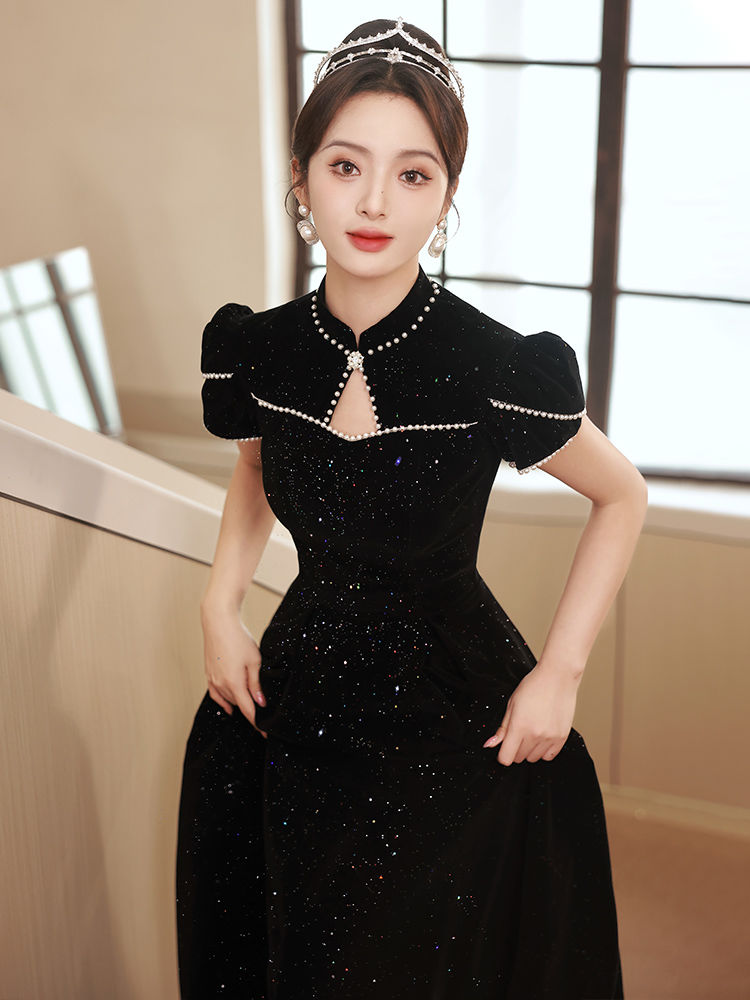 黒のイブニング ドレス スカート女性の宴会気質ハイエンド パフォーマンス パフォーマンス テスト長いセクション 母の日 プレゼント