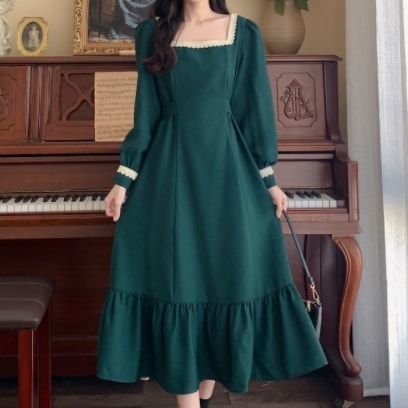 配色レーストリミング 胸元開き デコルテ見せ 裾ギャザー切替え ワンピース 膝下 ミモレ丈