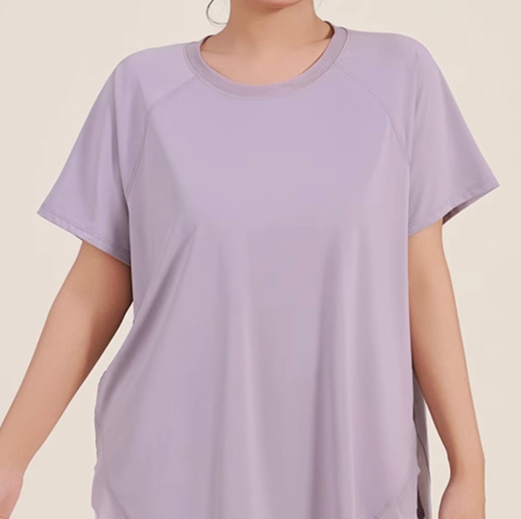 レディース トップス カットソー Tシャツ ミディアム丈 袖あり 半袖 フレアスリーブ ラウンドネック クルーネック 襟なし ワイド スマート 伸縮性 かわいい 大人可愛い きれいめ シンプル