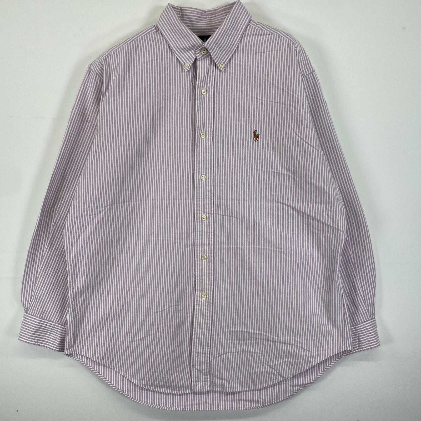 古着 90s/90年代 長袖シャツ ボタンダウン ロゴ刺繍 ワンポイントロゴ 16 2/1 パープル系 ストライプ メンズ