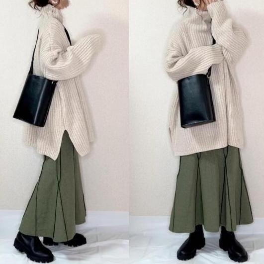 【SNSで話題沸騰】 ハイネックスリット無地セーター＋配色スカートワンピースセット 2点セット