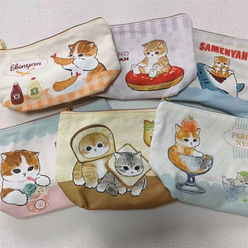 10個セット シャークキャット 化粧ポーチ カートゥーン可愛い両面デザイン エビフライ猫キャンバスハンドバッグ