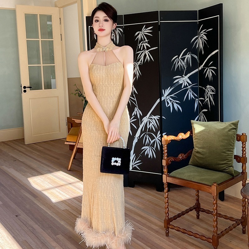 【送料無料】2024秋冬新作婦人服新中国風改良チャイナドレスロングスカートホルターネックスリムフィットファードレス20959