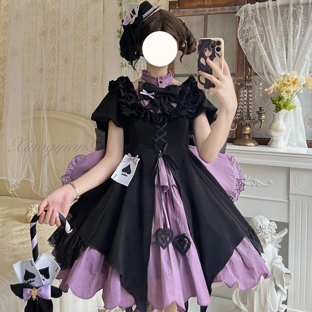 ロリータ魔法少女怪盗ハイウエストOPドレスかわいいロリータ黒紫ふわふわプリンセスドレス