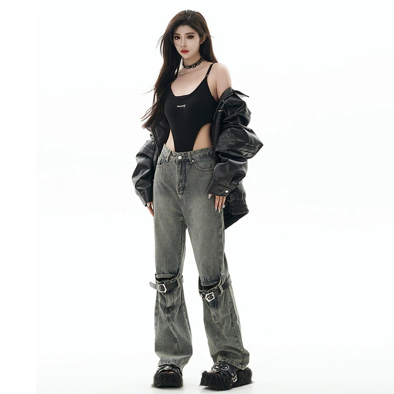 潮牌高街アメリカンヒップホップマイクロラッカージーンズクラシックレトロなオールインワンカップル同モデル