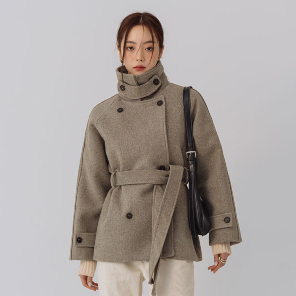 ハイネックダブルウール混ハーフコート
