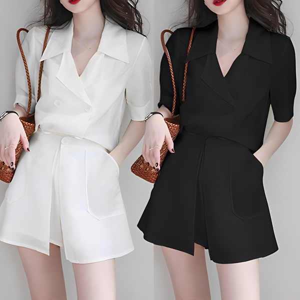 ２カラー 上下２点 セットアップ ツーピーススーツ 二点セット スーツ風 レディース ジャケット パンツ ショートパンツ キュロットスカート ショート 半袖 パフスリーブ Vネック Aライン ポケット
