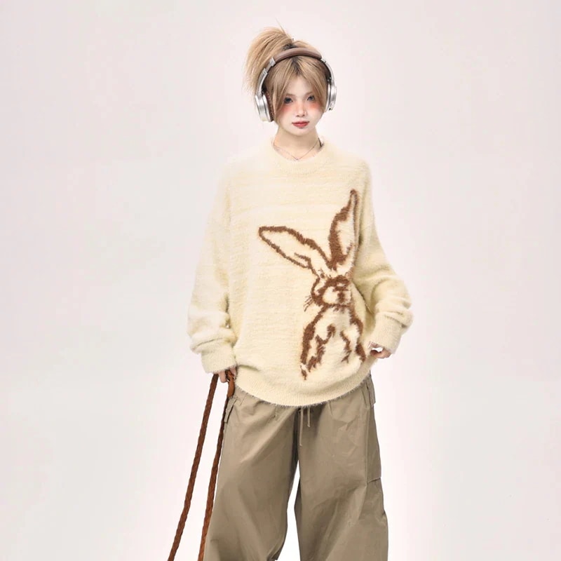 上品 長袖 ストリートコルシルエットファッション色っぽ女っぽカジュアル大人っぽ 秋冬 レディースプルゆったり春 サイズフェミニンゆったり トップスプリントロング丈 韓国っぽラビットニット 2025