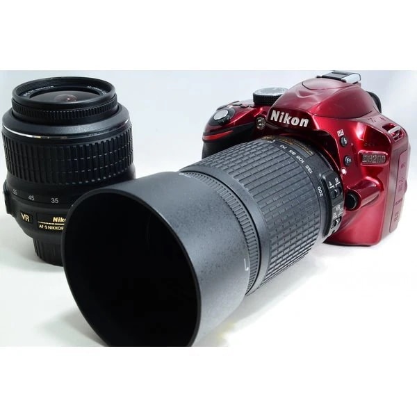 【中古】ニコン Nikon D3200 標準&望遠ダブルレンズセット レッド 美品 ストラップSDカード付き