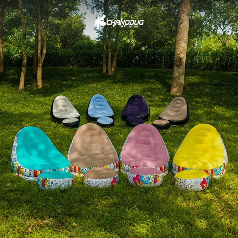 【今購入でフットレストプレゼント】アウトドアインフレータブルソファチェア ポータブルキャンプ用 人気厚手植毛ラクガキ柄レイジーソファ 寝室・自宅用リラックス折りたたみベッド