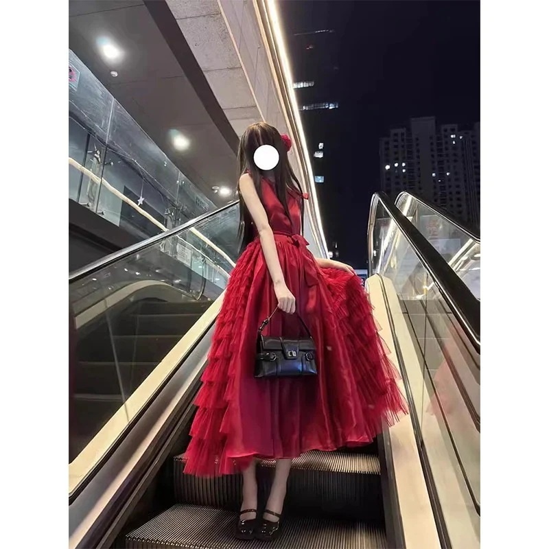 レッドノースリーブベストドレスプリンセススカートスーパーフェアリースカートロングスカート