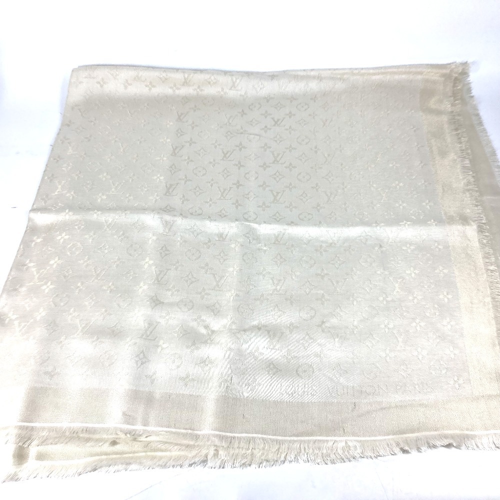 ショール M74026 大判 ストール ラメ モノグラム・シャイン フリンジ シルク ブロン ホワイト