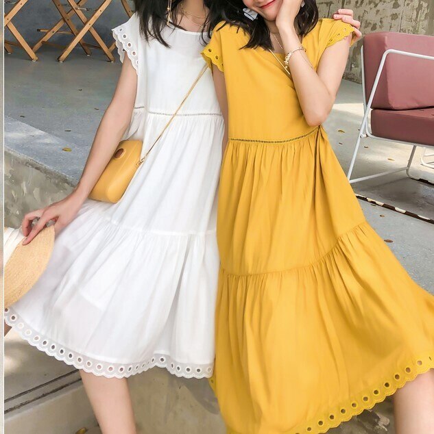 ティアードワンピース 2色 ワンピース ノースリーブ 春 夏 かわいい aライン Aライン フレア フレアスカート 膝下 ミモレ丈 ラウンドネック フレア セミフレア Aライン レース 白 ホワイト