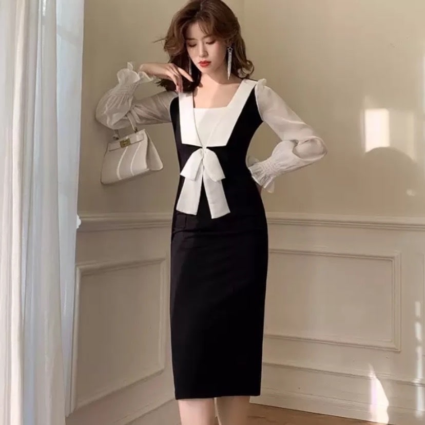 リボン ワンピース 長袖 春 秋 冬 きれいめ フォーマル ペンシルスカート タイトスカート ミモレ丈 ミディアム丈 ぽわん袖 ボリューム袖 萌袖 ベルスリーブ 襟付き 大きな襟 ワイドカラー タイト